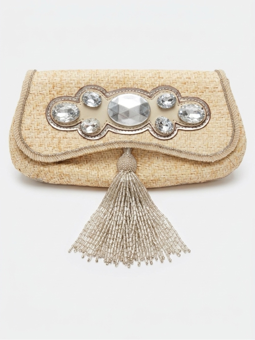 Anya Hindmarch Natural Straw Clutch with Crystal Accents and Beaded Tassel